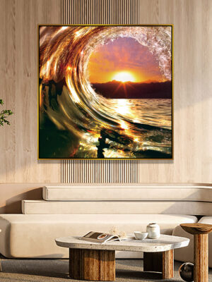 4-iSH-71609-1Panel Gold Alumnum Frame Canvas Prints Modern Sunset Beach Sea View Scenery Canvas Painting Print for Living Room Wall Decoration